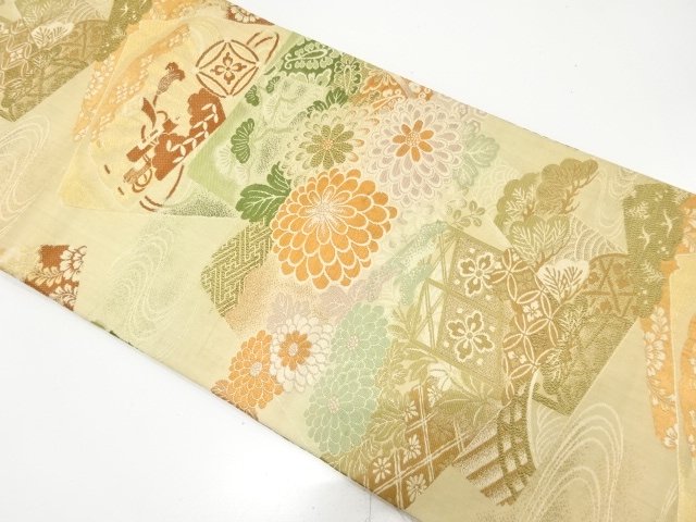 アンティーク　色紙に菊・桧扇模様織り出し丸帯（材料）